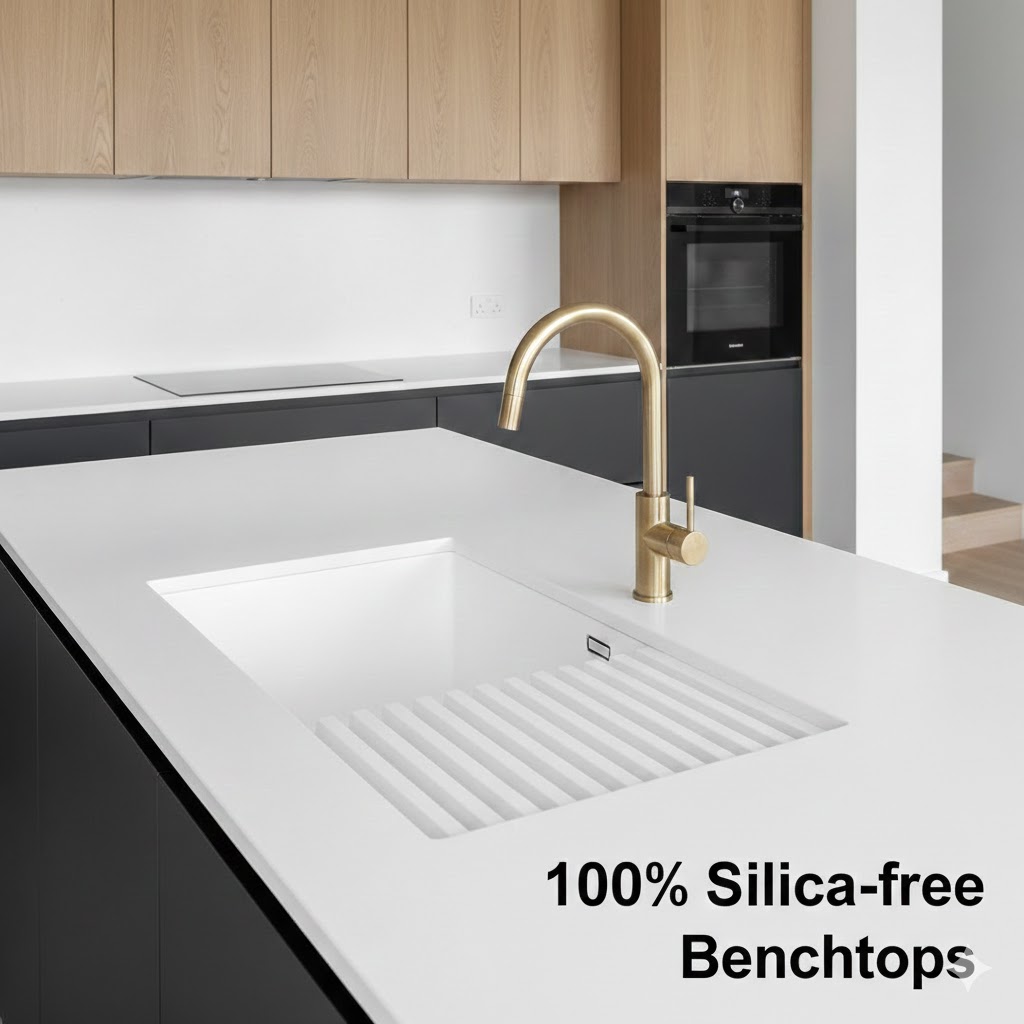 Kitchen island with integrated SSM sink and 100% Silica-free Benchtops overlay