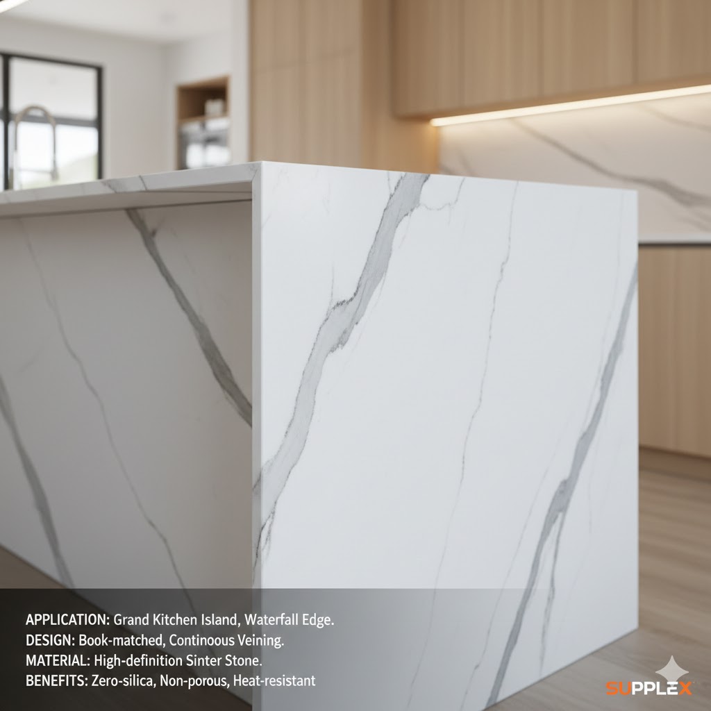 Grand kitchen island with waterfall edge and continuous veining - high-definition sintered stone