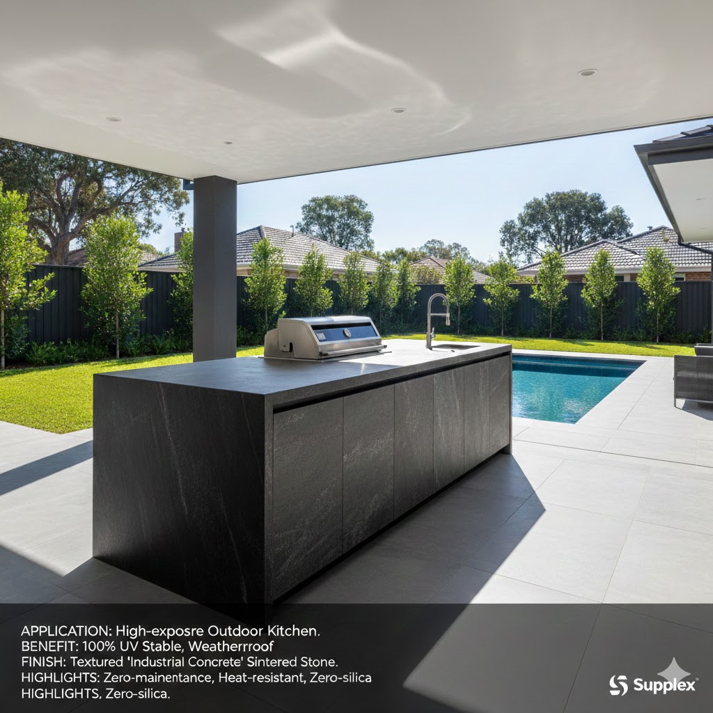 High-exposure outdoor kitchen by pool - 100% UV stable, weatherproof, textured industrial concrete