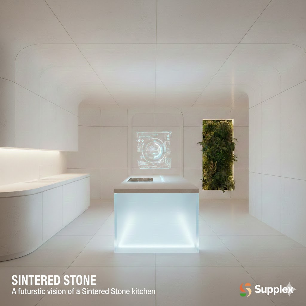 Futuristic vision of a Sintered Stone kitchen - monolithic curved white kitchen with glowing translucent island